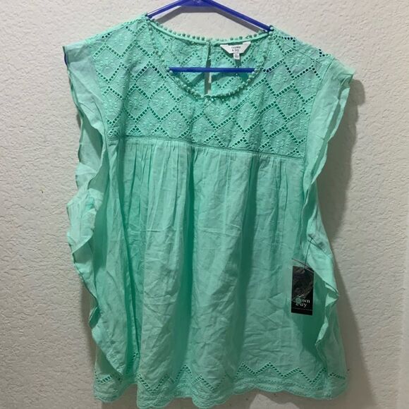 Crown & Ivy Mint Eyelet Ruffle Blouse (XL) NWT - Picture 1 of 7
